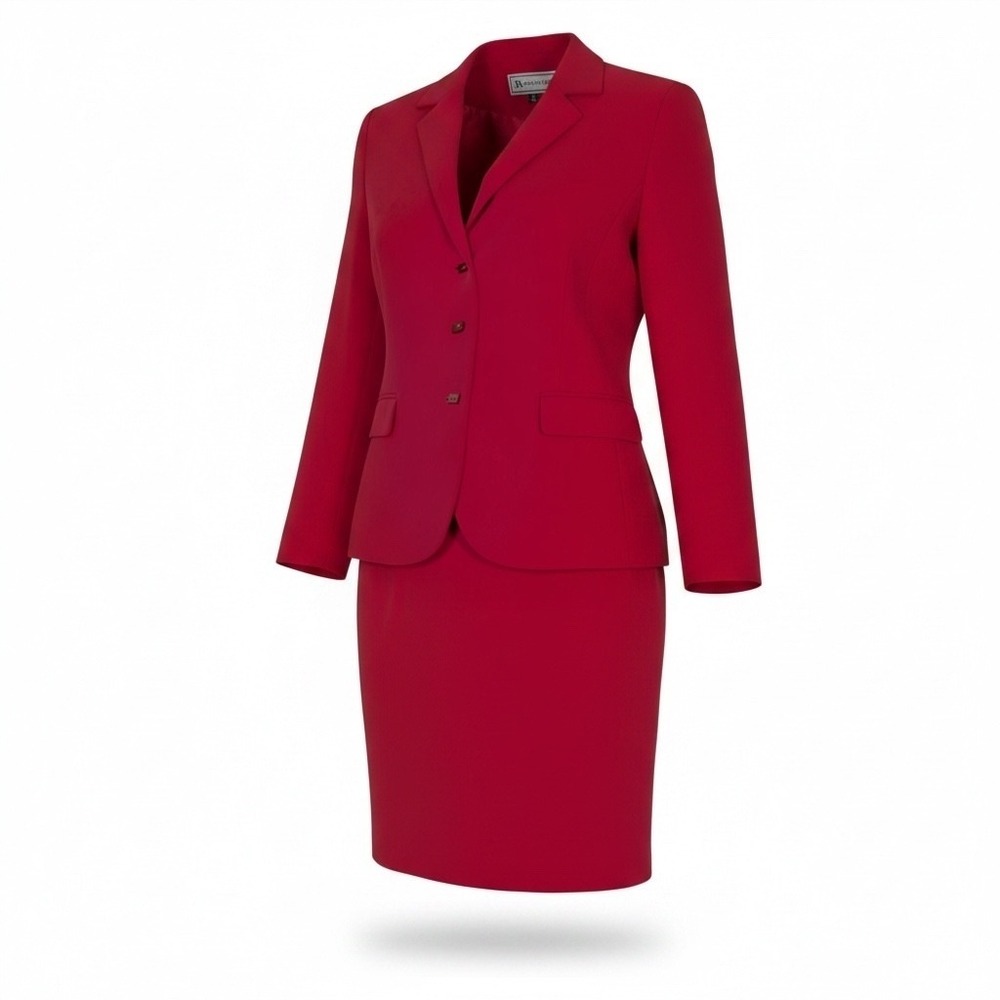 Travis Ayers Skirt Suit 8 Red 100% Silk Blazer Pencil Skirt Set Corporate 90s
